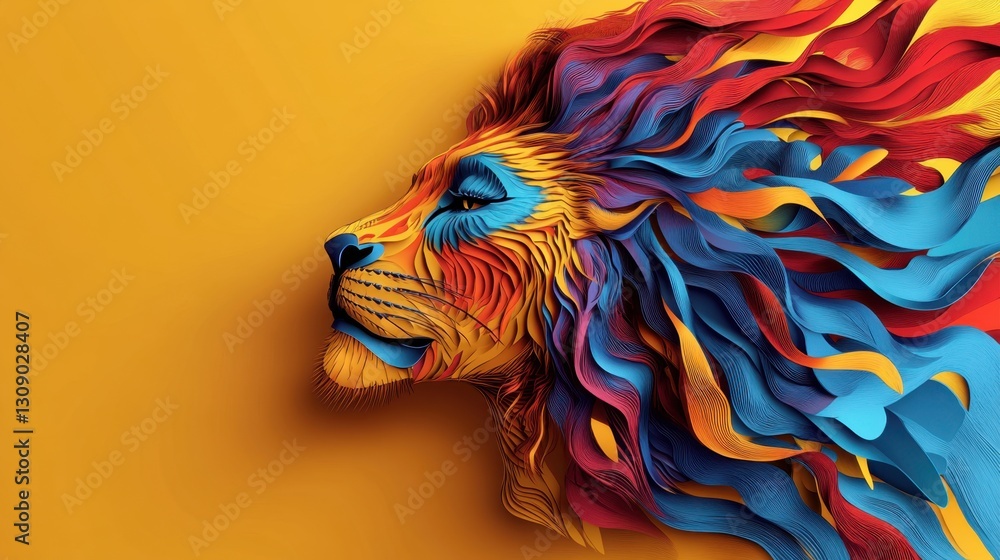 Poster vibrant and colorful artistic representation of a lion with distinctive flowing mane design