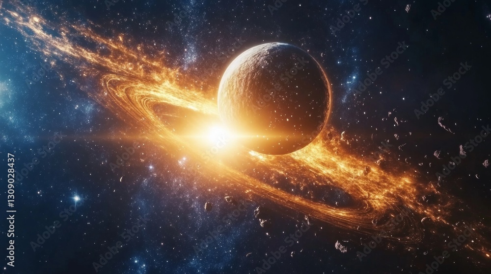 Poster 3d rendering of a gas giant planet with starry background and light beam for apparel and digital use