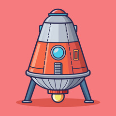 Space capsule vector illustration with landing gear, A vector illustration of a space capsule with orange and silver details, featuring landing gear, set against a pink background.
