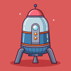 Rocket spaceship vector illustration with landing gear, A vector illustration of a rocket spaceship with red and blue details, featuring landing gear, set against a red background with stars.
