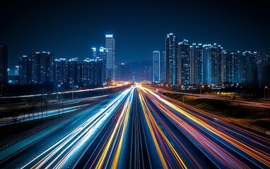 Fast moving highway at night with abstract tech icons superimposed on