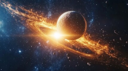 Obraz premium 3d rendering of a gas giant planet with starry background and light beam for apparel and digital use