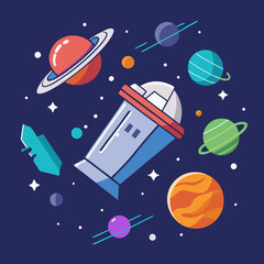 Naklejka premium Space mission vector illustration with planets and spacecraft, A vector illustration of a space mission, featuring planets, a spacecraft, and cosmic elements set against a dark blue background. 