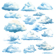 Watercolor cloud illustrations set on a white background for design elements.