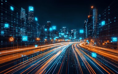 Fototapeta premium Fastmoving highway at night with abstract tech icons