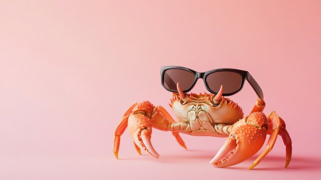 A vibrant crab with black sunglasses strikes a pose against a pastel pink backdrop. This whimsical and humorous take on marine life creates a fun and lighthearted visual.. AI Generation