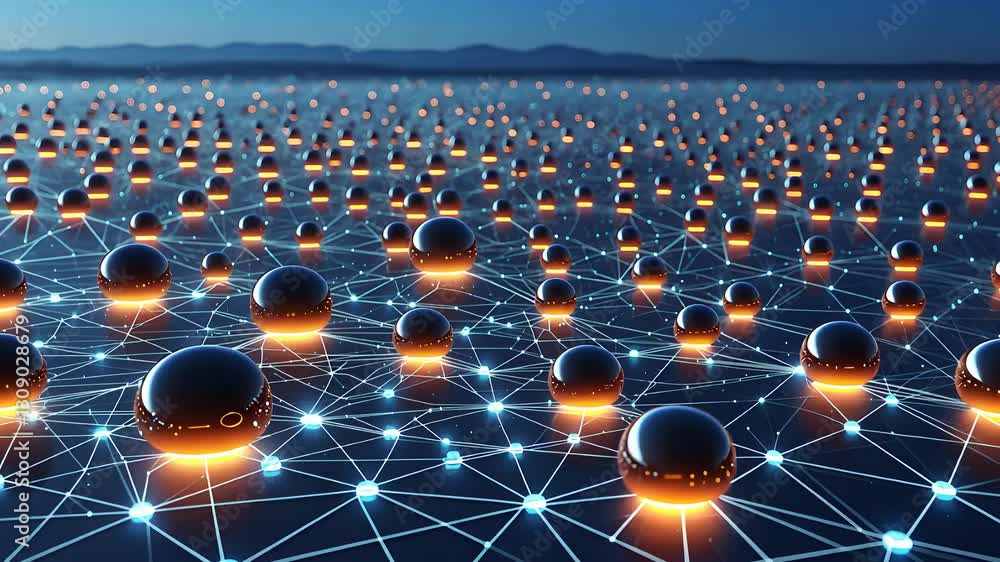 Poster futuristic digital network with glowing spheres connected by high-tech grid nodes in a vast technolo