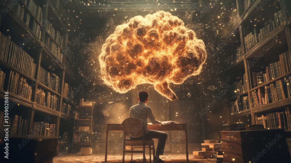 Poster a glowing, fiery brain floating above a desk in a dimly lit library, representing deep thinking, cre