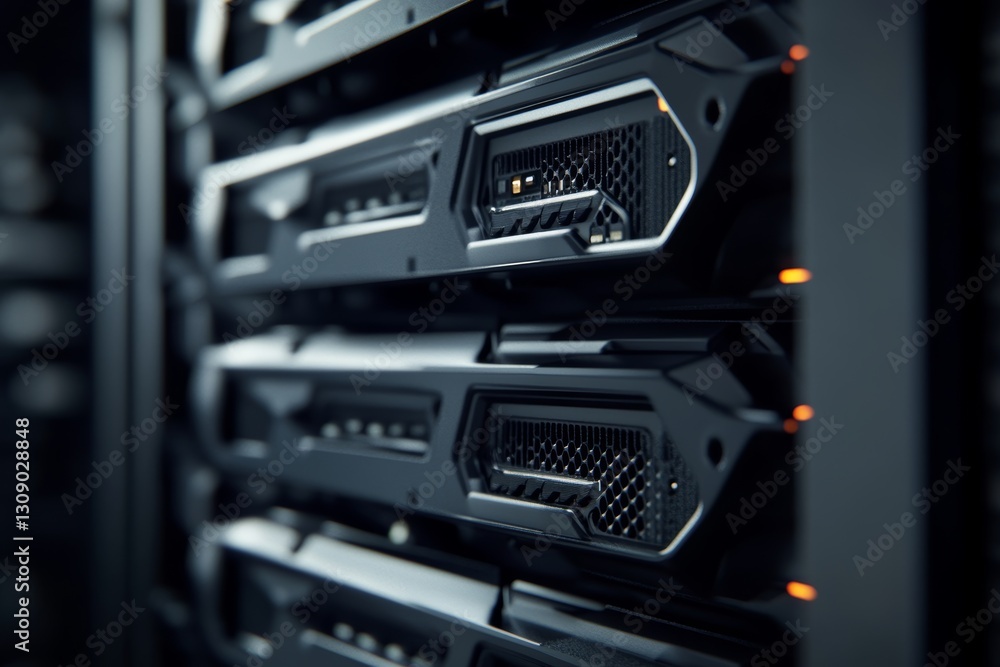 Poster close up of a black data center server rack loaded with hard drives and a blurred background