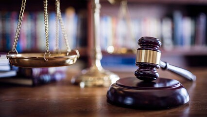 Close-up image of a wooden judge gavel and golden scales representing law, justice, and fairness in a courtroom or legal context