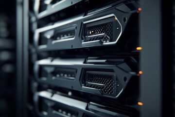 Close up of a black data center server rack loaded with hard drives and a blurred background