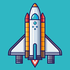 Space shuttle vector with colorful rocket boosters, A bright vector illustration of a space shuttle with orange and red rocket boosters, emitting flames, on a turquoise background.
