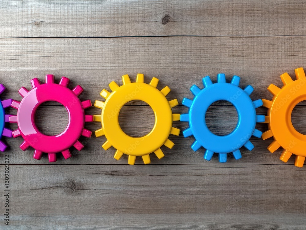 Aufkleber A row of colorful gears on a wooden background, representing the mechanics and engineering aspects in product development