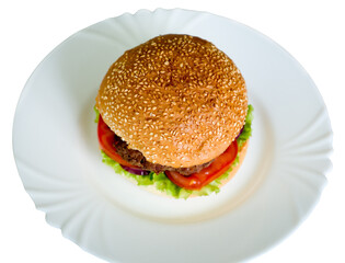 Delicious sesame seed burger on a white plate with fresh toppings