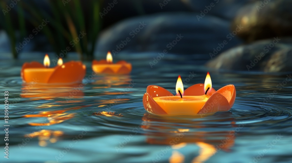 Poster bright orange lotus candles float gently on tranquil water, creating a serene and calming atmosphere