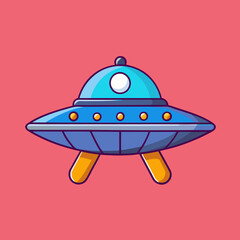 Cartoon UFO vector with yellow legs, A fun and colorful vector illustration of a flying saucer with yellow legs, bright colors, and a red background.
