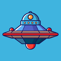Colorful UFO vector with vibrant details, A playful vector illustration of a flying saucer with bright colors and geometric shapes on a blue background.
