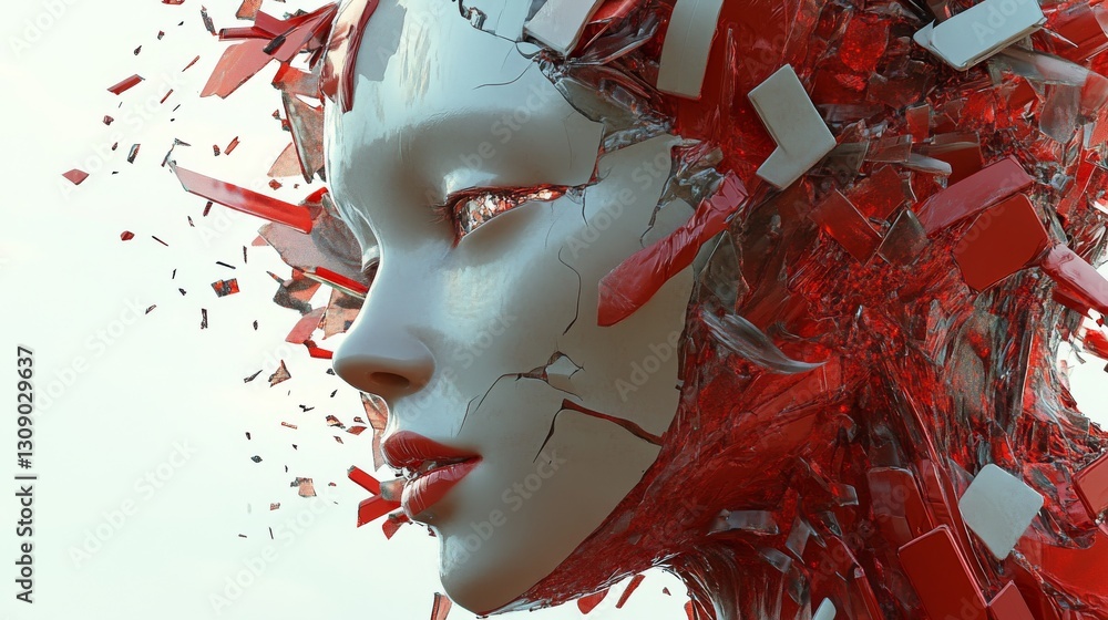 Poster an abstract 3d-rendered humanoid figure with a smooth white surface and red fragmented glass breakin
