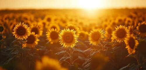 Field of sunflowers facing the golden sunset