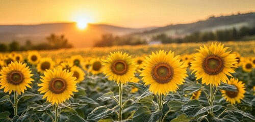 Fototapeta premium Field of sunflowers facing the golden sunset