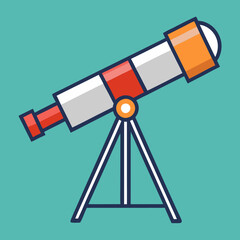 Telescope Vector Illustration with Red and Orange Details, A colorful vector illustration of a white telescope with red and orange accents, mounted on a tripod, set against a teal background.
