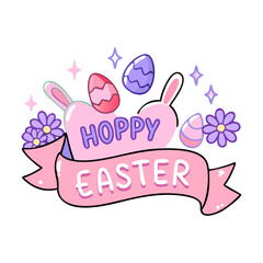 Minimalist vector illustration of a "Hoppy Easter" banner with bunny ears, decorated eggs, flowers, and sparkles, symbolizing festive Easter joy. Cute and modern design.