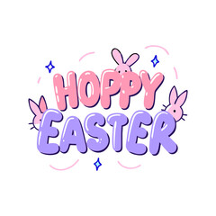 Minimalist vector illustration of a "Hoppy Easter" text with playful bunny ears and sparkles, symbolizing festive Easter joy and celebration. Cute and modern design.