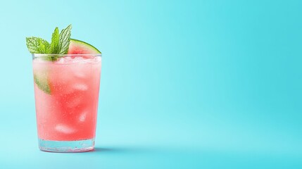 Refreshing watermelon cocktail with mint leaves on blue background