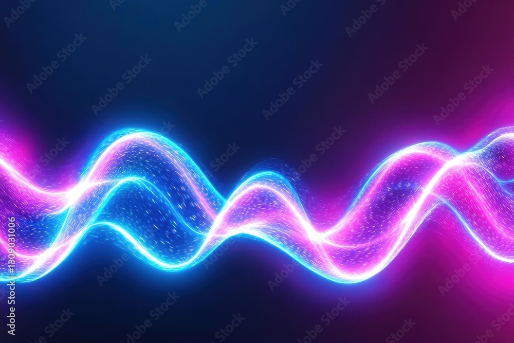 Poster abstract background with glowing sound waves in pink and blue colors, dark gradient background, high