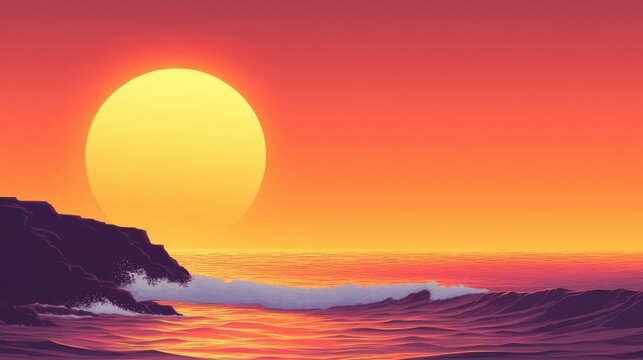 Vibrant ocean sunset with waves and rocky coastline at dusk - Powered by Adobe