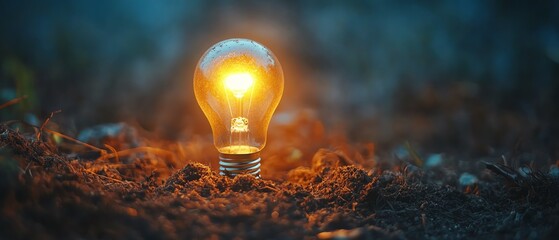 Sustainable eco business concept with lightbulb in soil, renewable energy symbols, symbolizing ecofriendly solutions, low carbon innovations, and climate change reduction efforts