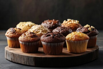 Close up photography of assorted muffins displayed on a wooden board with dark background