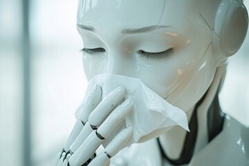 Close up of a humanoid robot wiping its face with a tissue, conveying a sense of illness or malfunction in a futuristic setting