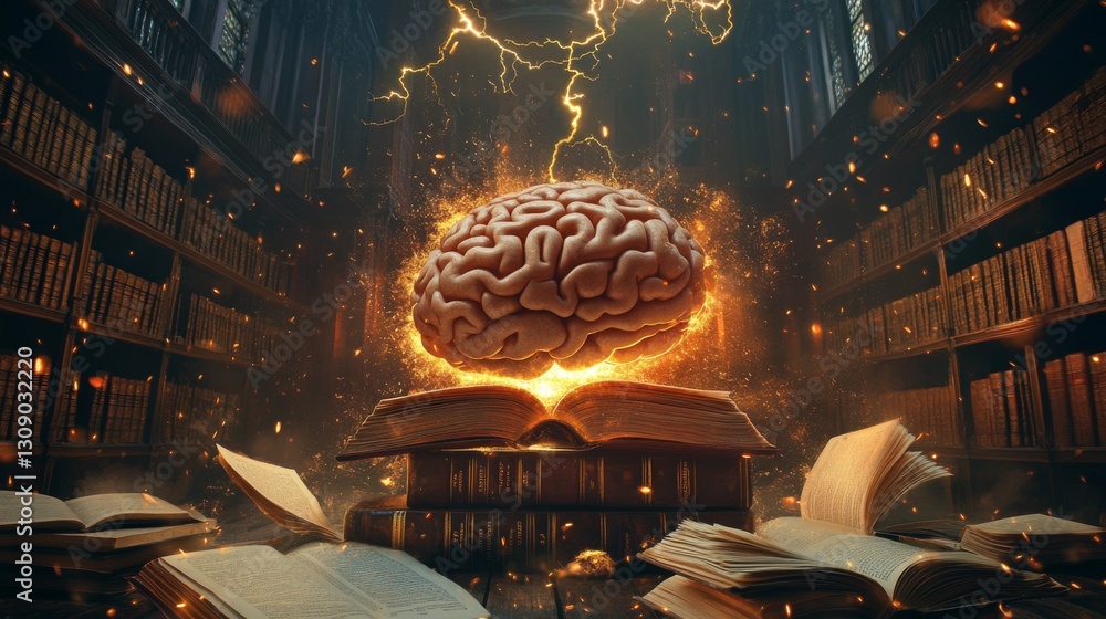 Poster a magical scene of a brain levitating over an open book, with glowing sparks and lightning illuminat