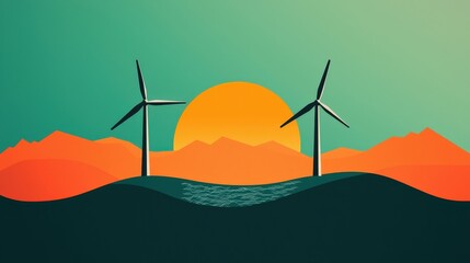 Fototapeta premium Two wind turbines are on a hillside next to a body of water