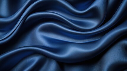 Fototapeta premium Blue fabric waves. Dark blue silky material flows. Textile background with gentle folds. Elegant cloth texture close up. Soft shine surface.