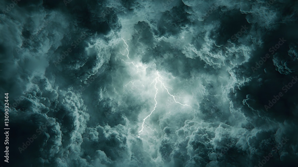 Poster dramatic thunderstorm scene displaying intense lightning across turbulent cloudscape