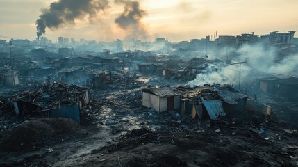 Fototapeta premium Cityscape with smoke. Burnt houses. Destruction scene. Urban decay. Fire aftermath. Shacks destroyed. Charred landscape. Desolation scene. Buildings in ruins. Destruction and smoke. Houses burnt.