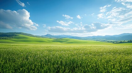 Fototapeta premium Green field landscape. Sunny day. Blue sky. White clouds. Mountains in background. Peaceful meadow. Nature scene.