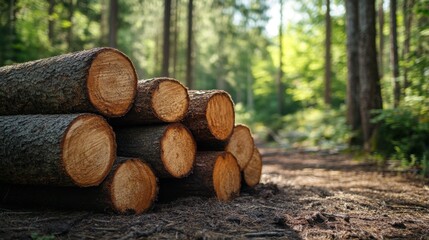 Pile of wood logs sits on ground. Sunlight shines through green forest trees. Logs are cut and ready for use. Nature background.