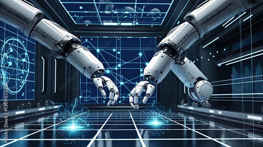 Poster futuristic ai-powered robotic hands with advanced cybernetic technology in a high-tech digital innov