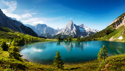 Mountain Lake Vista: An awe-inspiring panorama unfolds, revealing a pristine mountain lake cradled by majestic peaks under a brilliant azure sky.