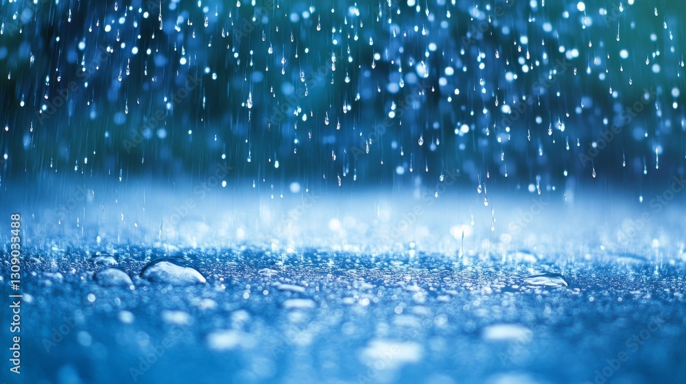 Poster a close-up of raindrops hitting a wet surface with soft blue light, creating a dynamic and refreshin
