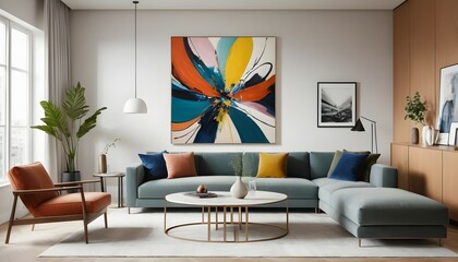 Modern Living Room Interior with Colorful Abstract Art and Sofa