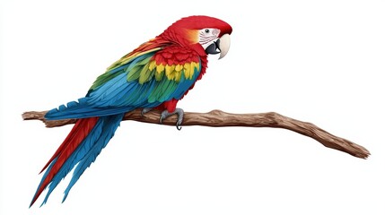 Fototapeta premium A vibrant macaw perched on a branch, showcasing its stunning multicolored feathers in a tropical setting.