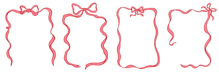 Girly frames of coquette pretty charming bows and ribbons. Hand drawn vintage bows frame for greeting cards, wedding and birthday party, invitations in cute elegant coquette style vector illustration 