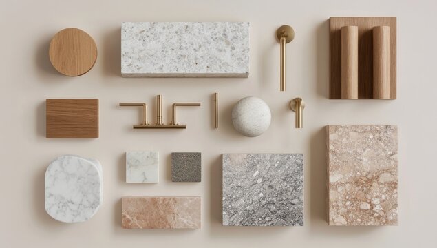 Modern design elements, various materials,  flat lay.  Display of  wood, marble, quartz, and brass hardware samples.