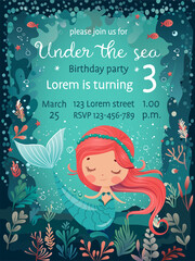 Mermaid birthday party invitation template. Adorable mermaid with red hair, sea plants, and fish. Perfect for kids' celebrations and events