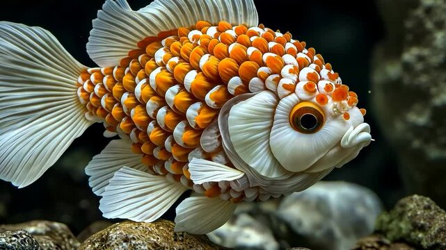 Fish with orange and white scales is swimming in a tank. The fish has a unique pattern of scales that make it stand out