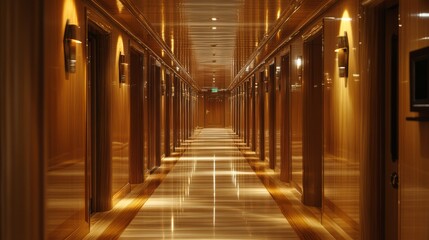 A corridor in a luxury cruise ship, with polished wooden paneling and soft lighting